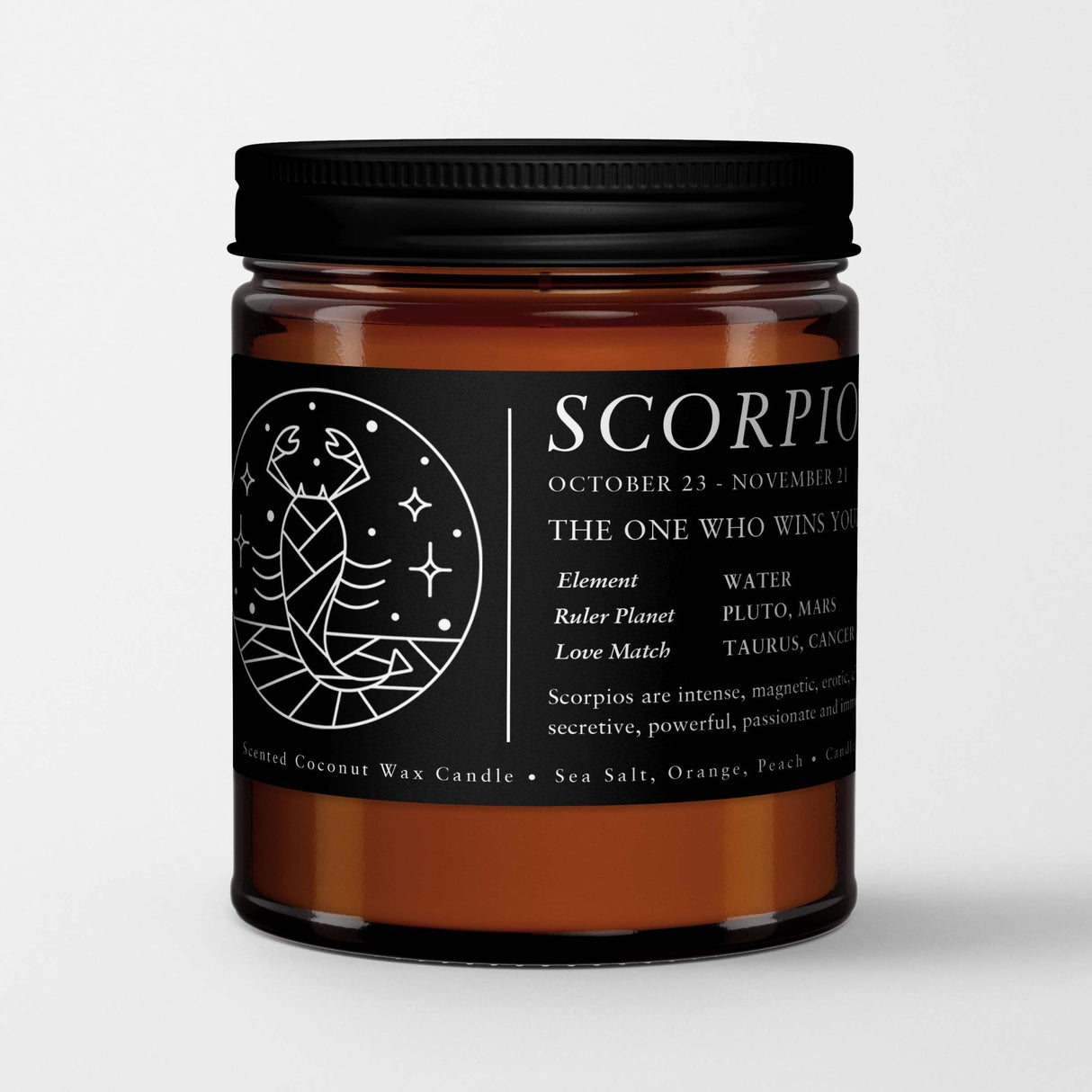 Zodiac Birthday Gift Candle in Amber Glass: Sign Scorpio (Oct. 24 - Nov. 24) - Candlefy