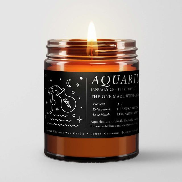 Zodiac Birthday Gift Candle in Amber Glass: Sign Aquarius (Jan. 21 - Feb. 19)