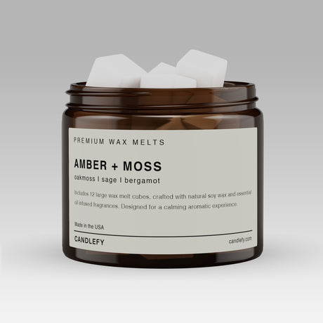 Amber + Moss Soy Wax Melts | 12 Cube Set | Strong 15% Fragrance Load | Flameless Home Scent