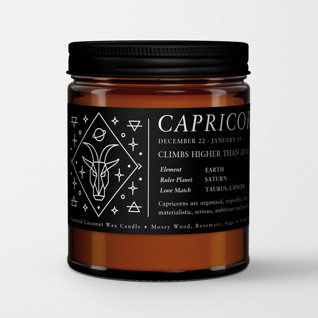 Zodiac Birthday Gift Candle in Amber Glass: Sign Capricorn (Dec. 23 - Jan. 20)