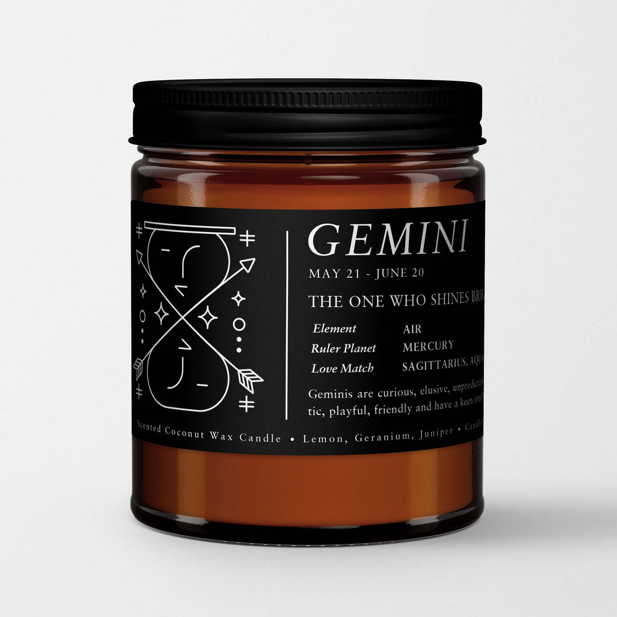 Zodiac Birthday Gift Candle in Amber Glass: Sign Gemini (May. 22 - Jun. 21)
