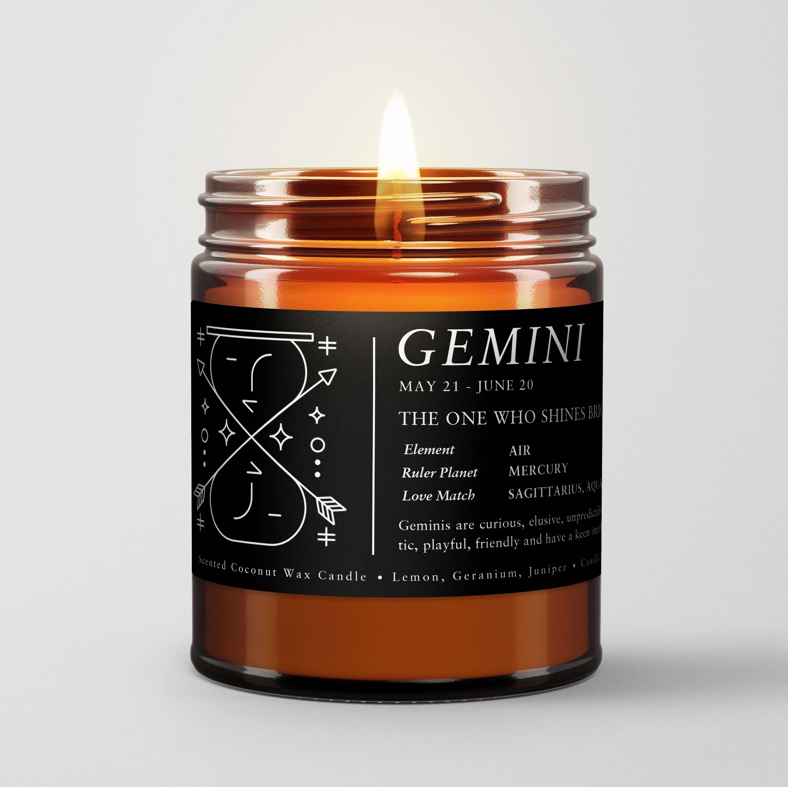 Zodiac Birthday Gift Candle in Amber Glass Sign Gemini May. 22 Jun. 21