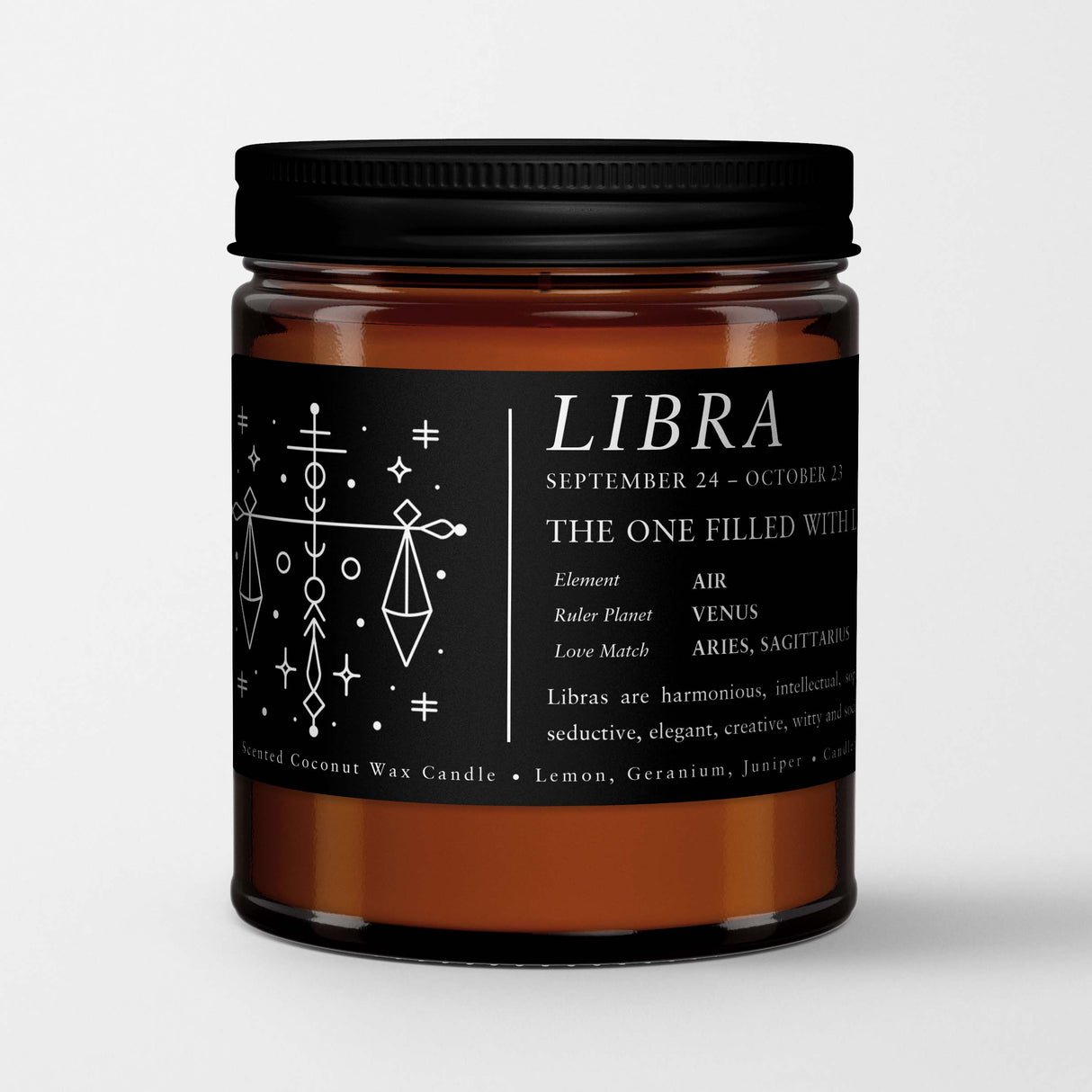Zodiac Birthday Gift Candle in Amber Glass: Sign Libra (Sep. 24 - Oct. 23)