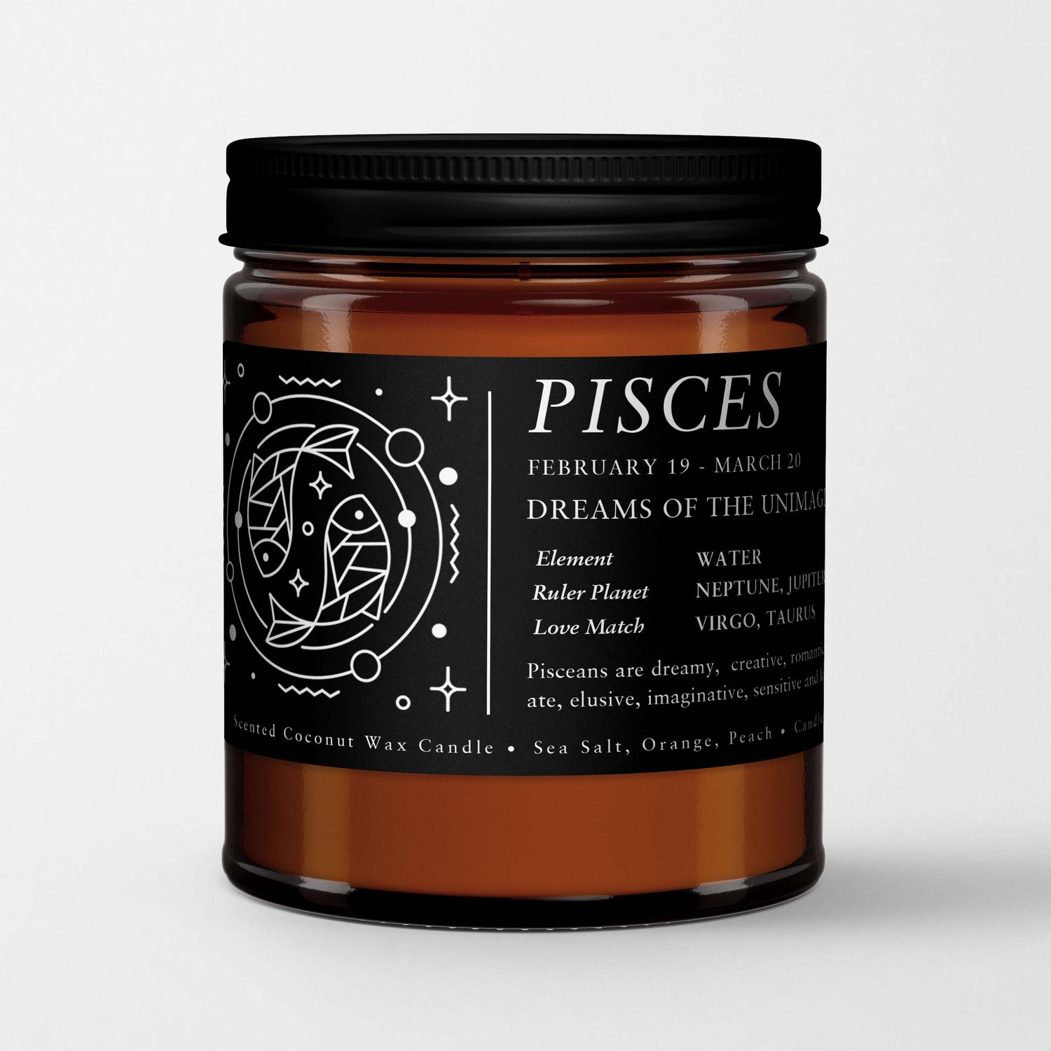 Zodiac Birthday Gift Candle in Amber Glass: Sign Pisces (Feb. 20 - Mar. 20)