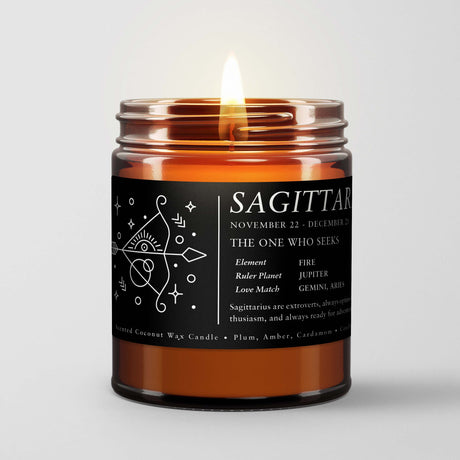 Zodiac Birthday Gift Candle in Amber Glass: Sign Sagittarius (Nov. 23 - Dec. 22)
