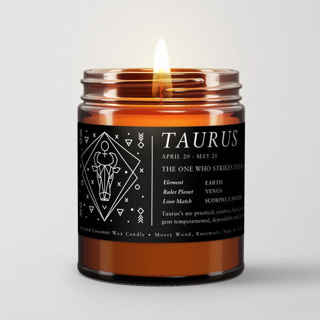 Zodiac Birthday Gift Candle in Amber Glass: Sign Taurus (Apr. 21 - May. 21)