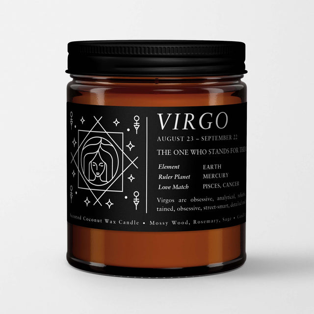 Zodiac Birthday Gift Candle in Amber Glass: Sign Virgo (Aug. 22 - Sep. 23)