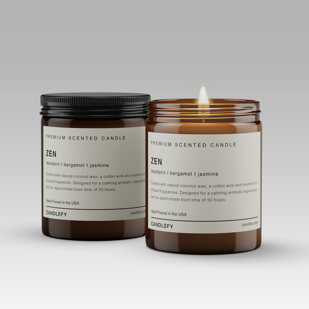 Zen 3-Wick Scented Candle. Mandarin Bergamot Jasmine in Amber Glass, Natural Coconut Wax, Candlefy