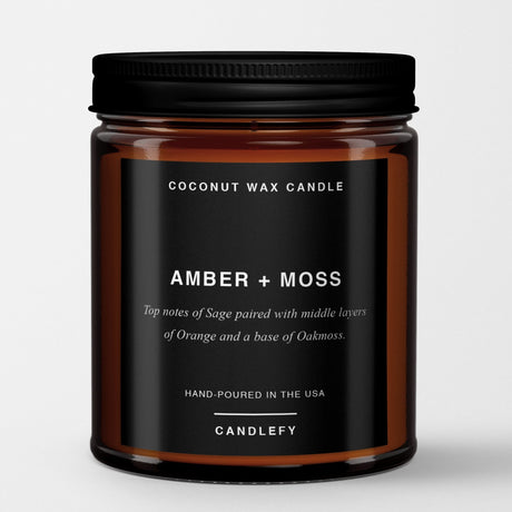 Amber + Moss: Scented Candle in Amber Glass, Made with Natural Coconut Wax - Candlefy
