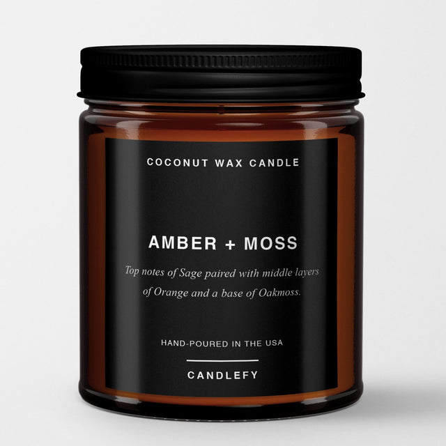 Amber + Moss: Scented Candle in Amber Glass, Made with Natural Coconut Wax - Candlefy