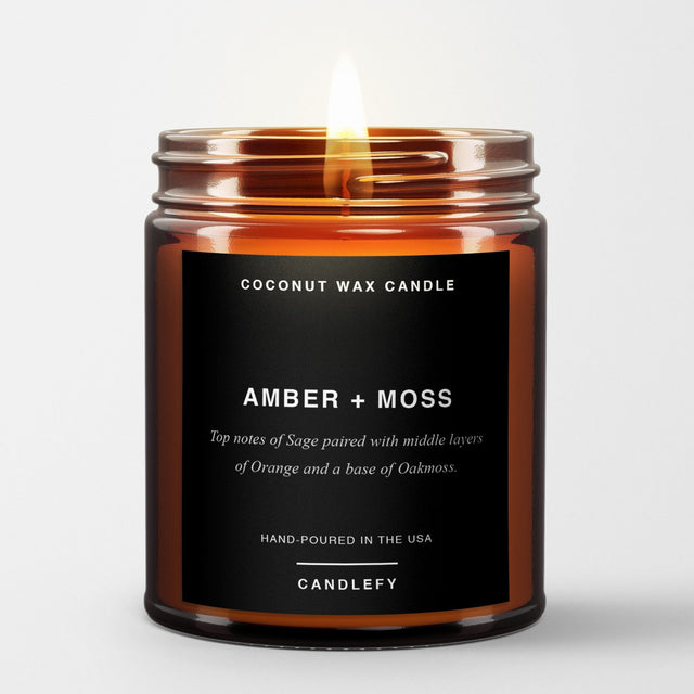 Amber + Moss: Scented Candle in Amber Glass, Made with Natural Coconut Wax - Candlefy