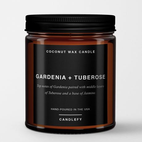 Gardenia + Tuberose: Scented Candle in Amber Glass, Made with Natural Coconut Wax - Candlefy