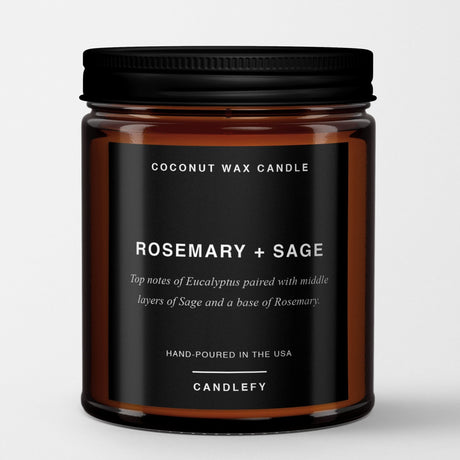 Rosemary + Sage: Scented Candle in Amber Glass, Made with Natural Coconut Wax - Candlefy