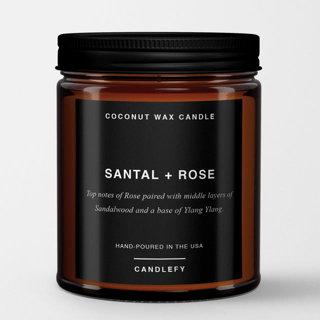 Santal + Rose: Scented Candle in Amber Glass, Made with Natural Coconut Wax - Candlefy