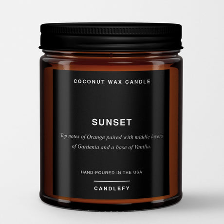 Sunset: Scented Candle in Amber Glass, Made with Natural Coconut Wax - Candlefy