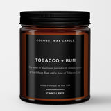 Tobacco + Rum: Scented Candle in Amber Glass, Made with Natural Coconut Wax - Candlefy