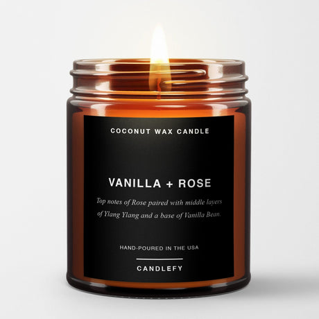 Vanilla + Rose: Scented Candle in Amber Glass, Made with Natural Coconut Wax - Candlefy