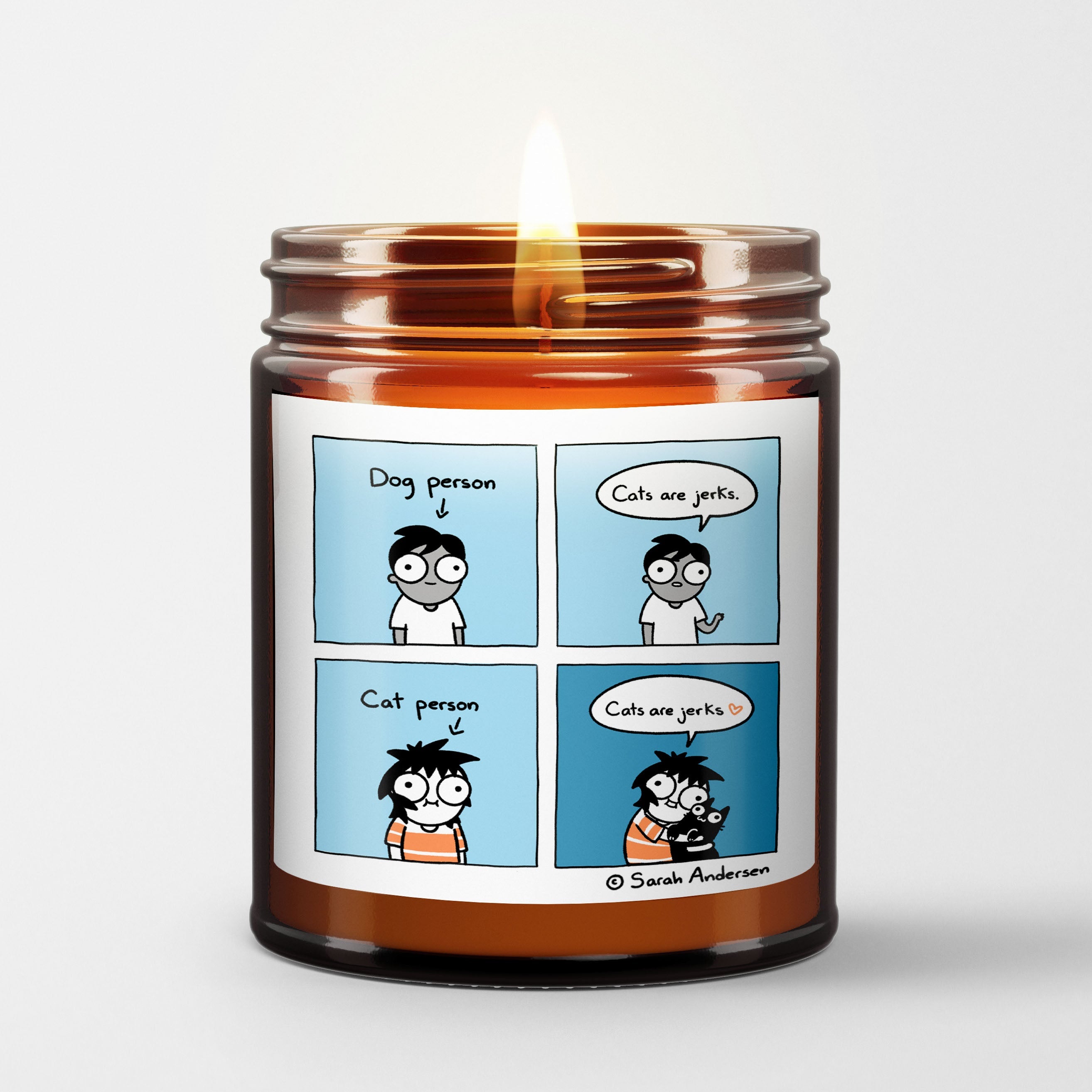 Sarah's Scribbles Scented Candle in Amber Glass Jar | Cats Are Jerks | Sarah Andersen