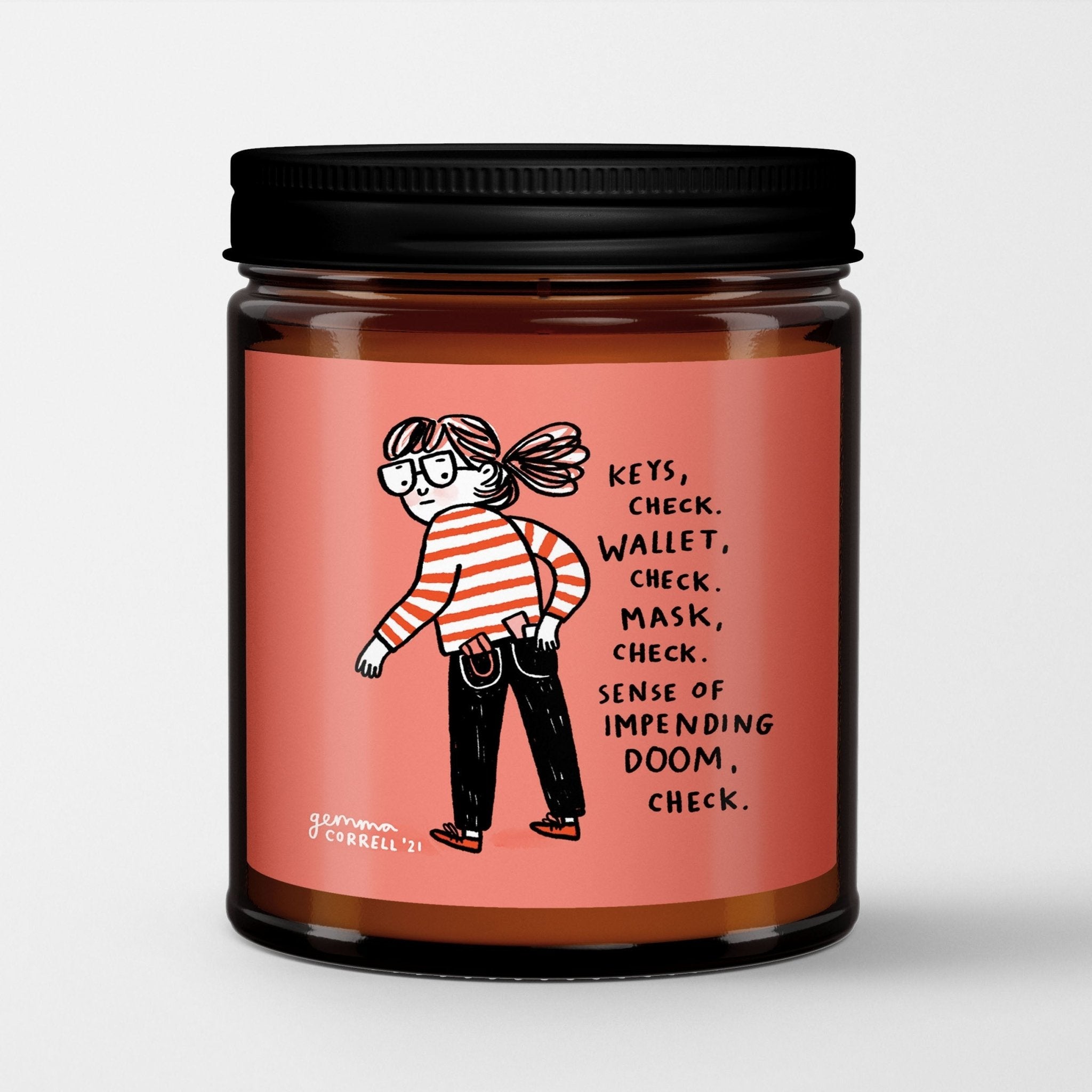 Gemma Correll Scented Candle in Amber Glass Jar: Doom - Candlefy