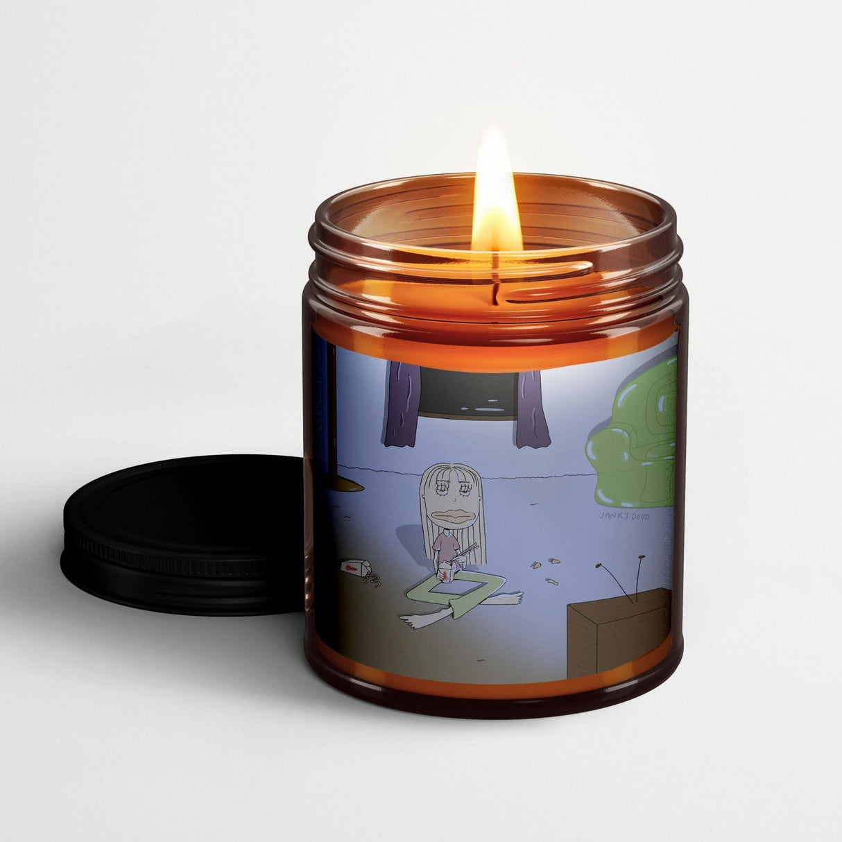 Janky Dood Scented Candle in Amber Glass Jar: 4am Greasy TV Food - Candlefy