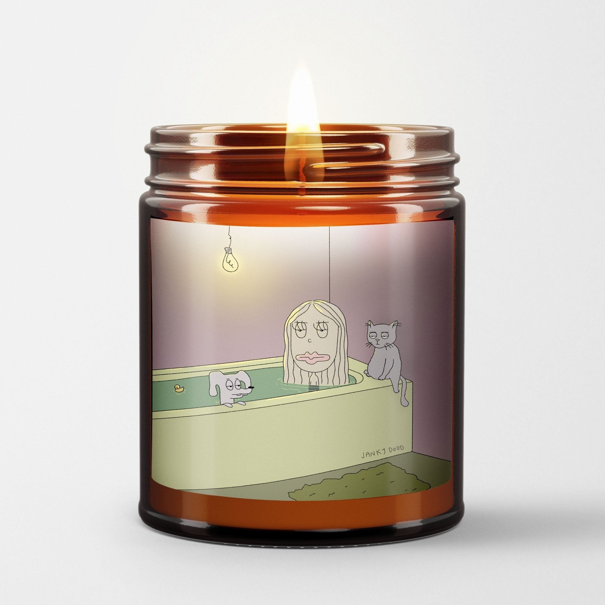Janky Dood Scented Candle in Amber Glass Jar: I Ran Out of Bubbles - Candlefy