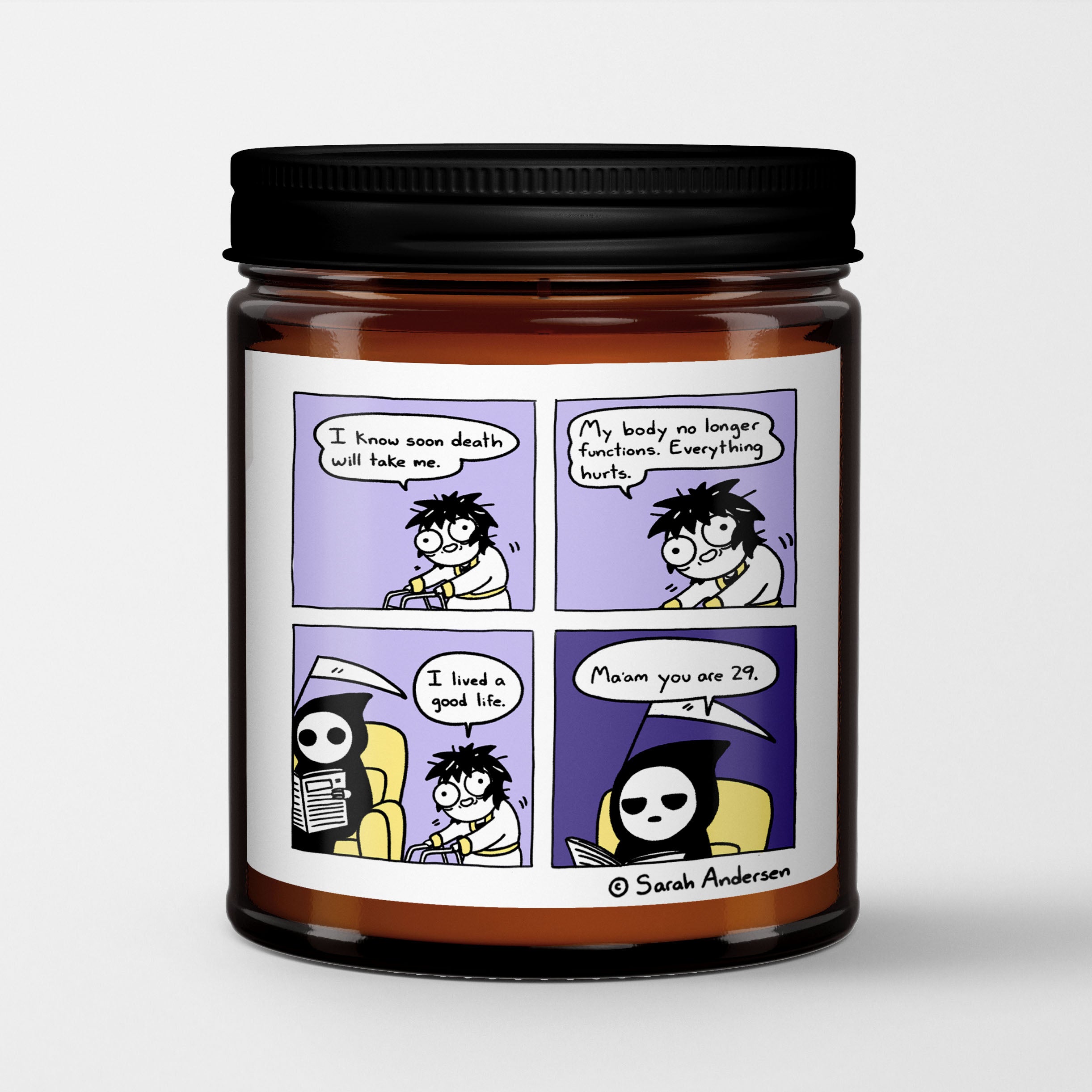 Sarah's Scribbles Scented Candle in Amber Glass Jar | Old Age | Sarah Andersen