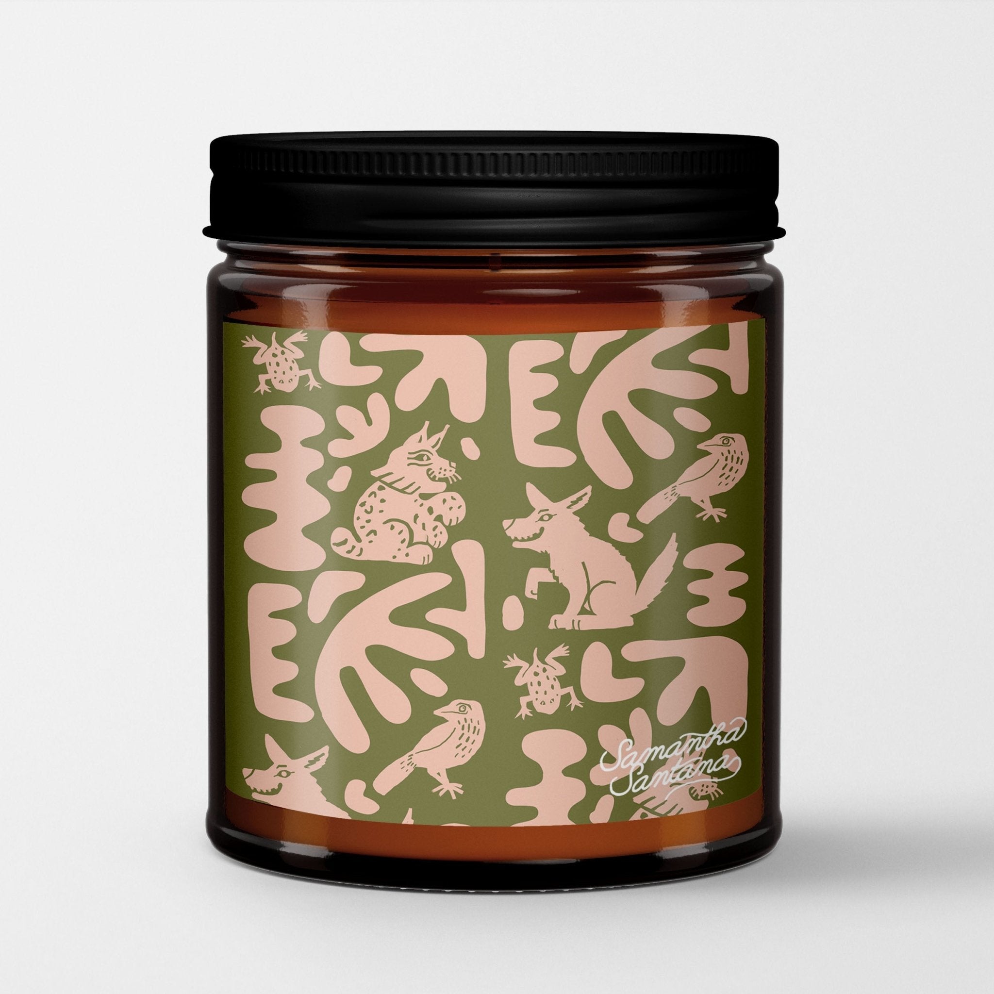 Samantha Santana Scented Candle in Amber Glass Jar: Abstract Animales - Candlefy