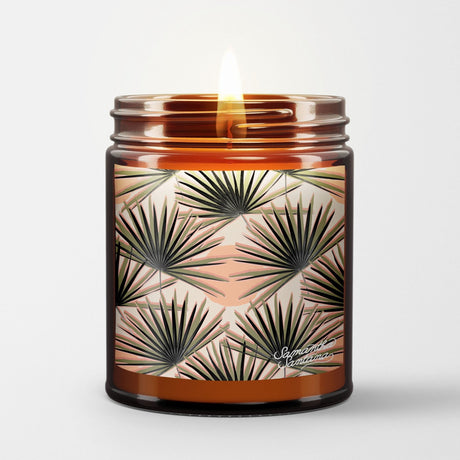 Samantha Santana Scented Candle in Amber Glass Jar: Palm Deco - Candlefy