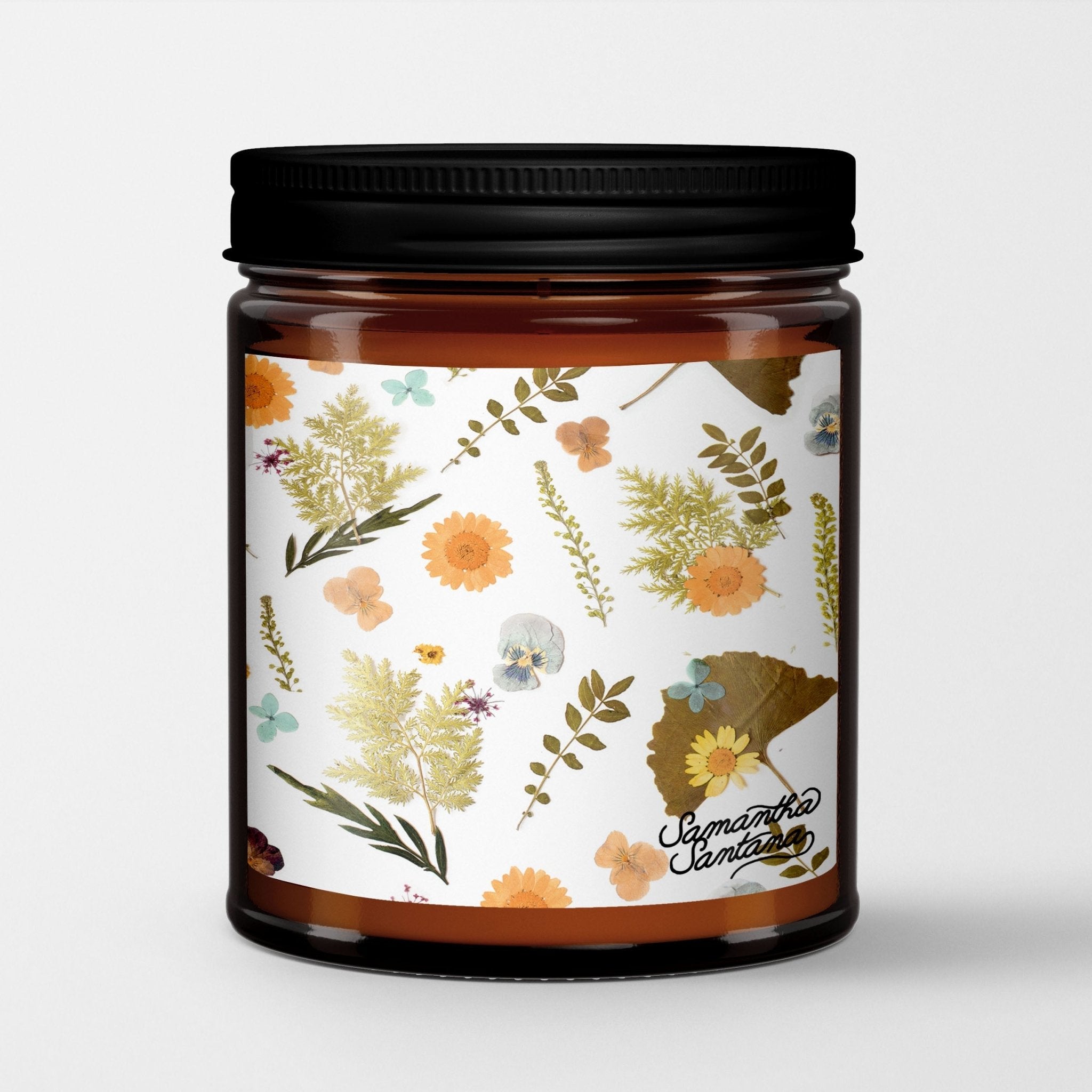 Samantha Santana Scented Candle in Amber Glass Jar: Pressed Flowers - Candlefy