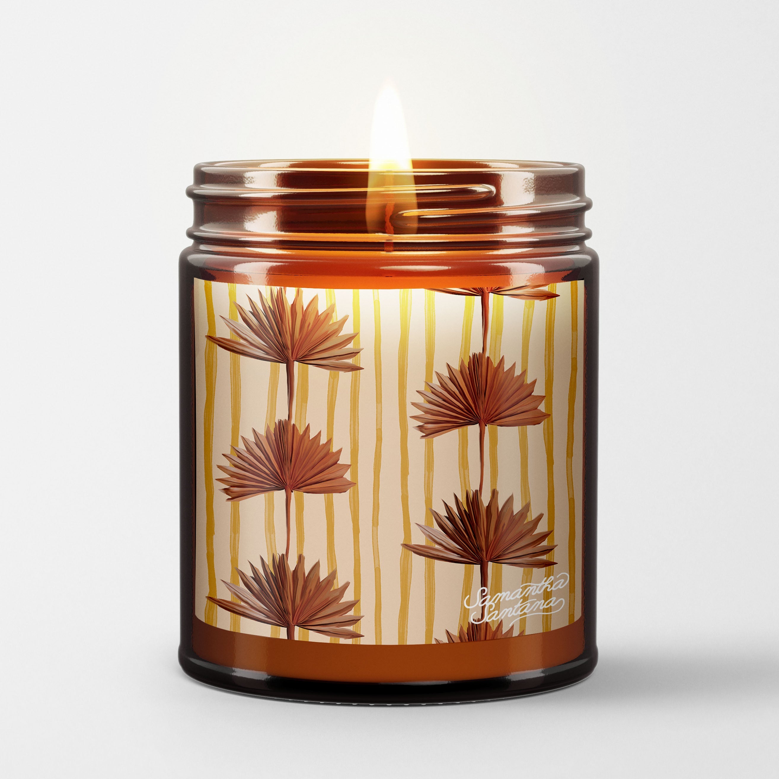 Samantha Santana Scented Candle in Amber Glass Jar | Stripey Palm | Candlefy l