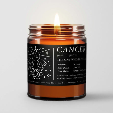 Zodiac Birthday Gift Candle in Amber Glass: Sign Cancer (Jun. 22 - Jul. 22) - Candlefy
