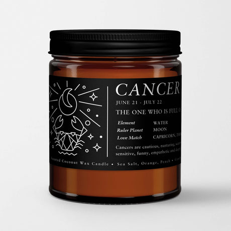 Zodiac Birthday Gift Candle in Amber Glass: Sign Cancer (Jun. 22 - Jul. 22) - Candlefy