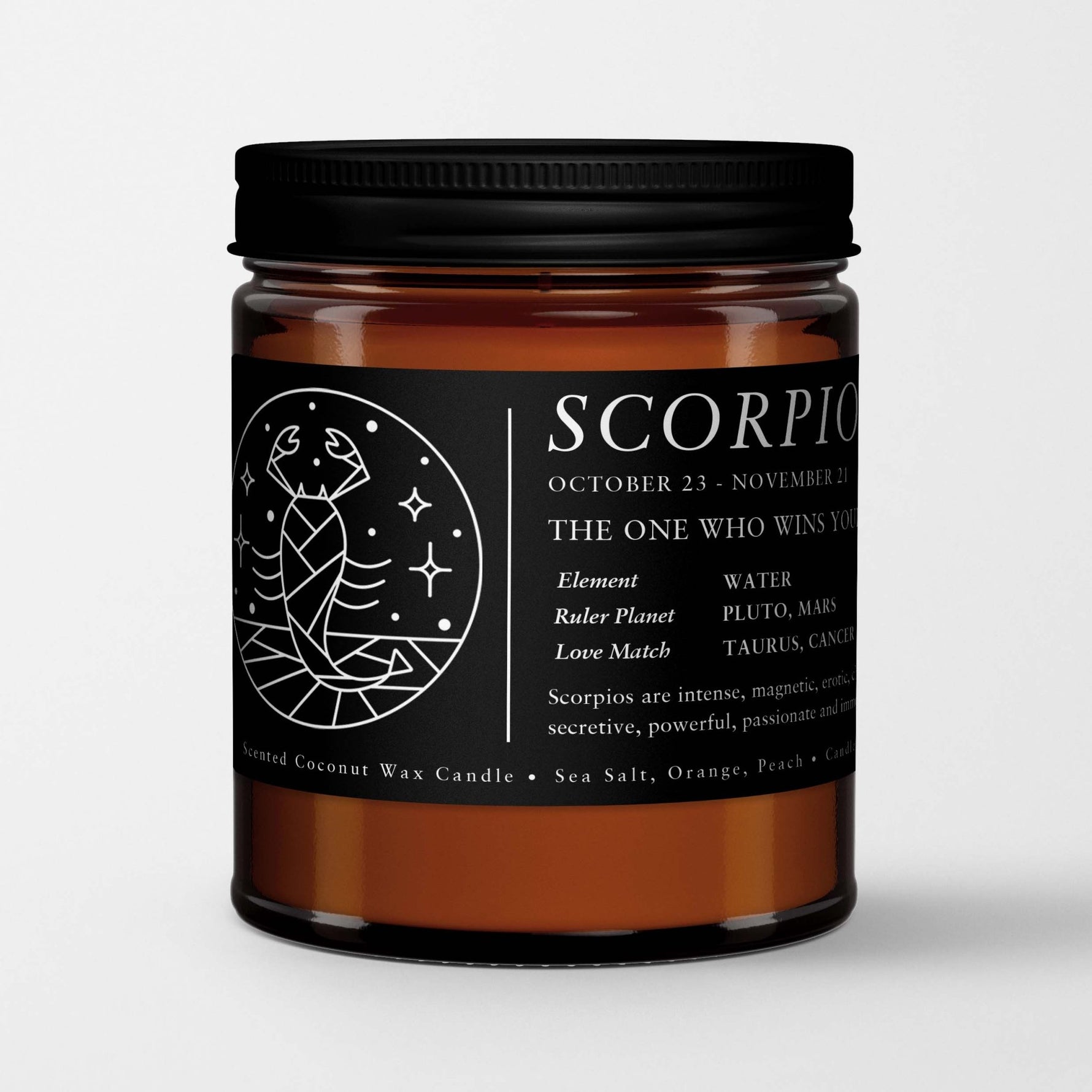 Zodiac Birthday Gift Candle in Amber Glass: Sign Scorpio (Oct. 24 - Nov. 24) - Candlefy